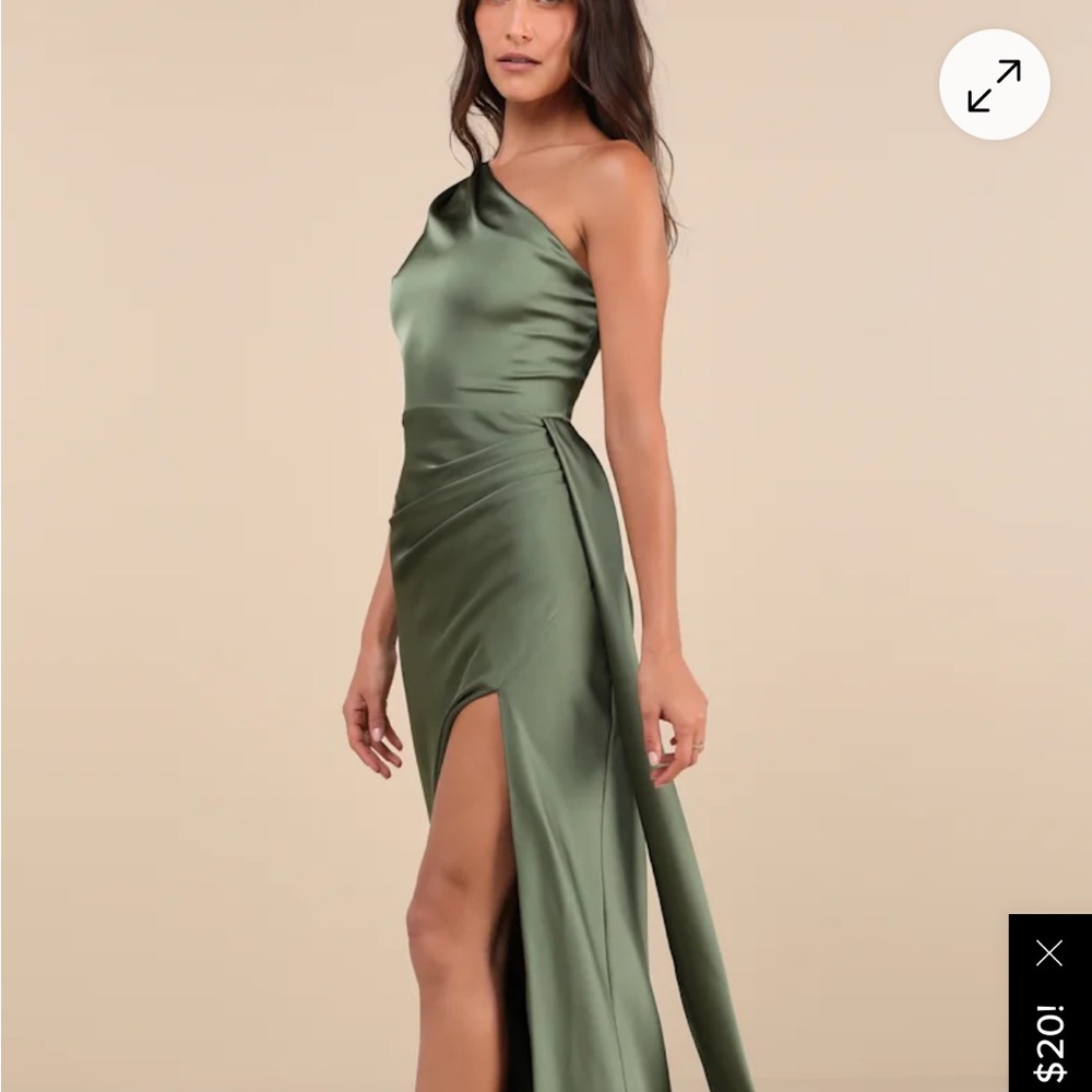 Lulu's Signature Elegance Olive Green Satin One-Shoulder Maxi Dress